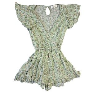 Lovesome Sage Green Floral Flutter Sleeve Ruffle Romper V-Neck Tie Waist Small